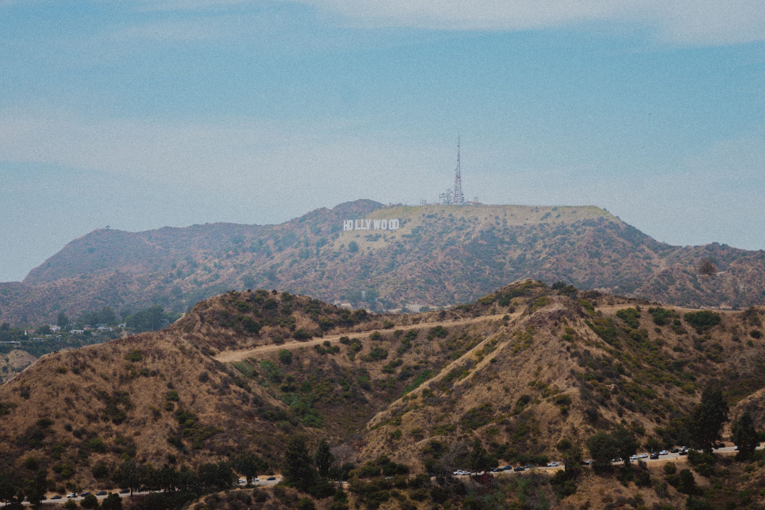 Scenic view of the Hollywood Sign atop Mount Lee in summer, USA