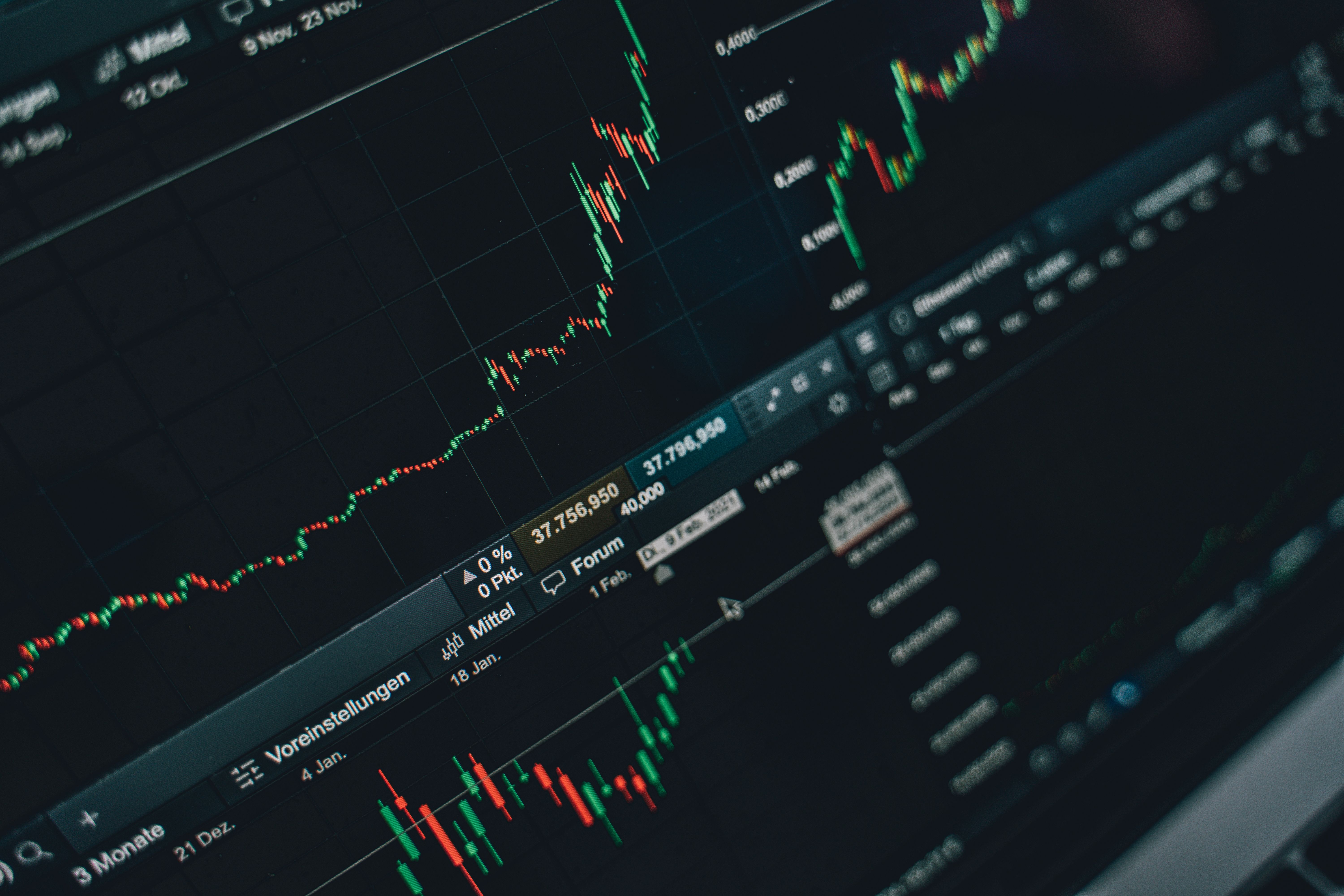 Stock market trading screen showing financial growth charts, illustrating litigation funding as an investment