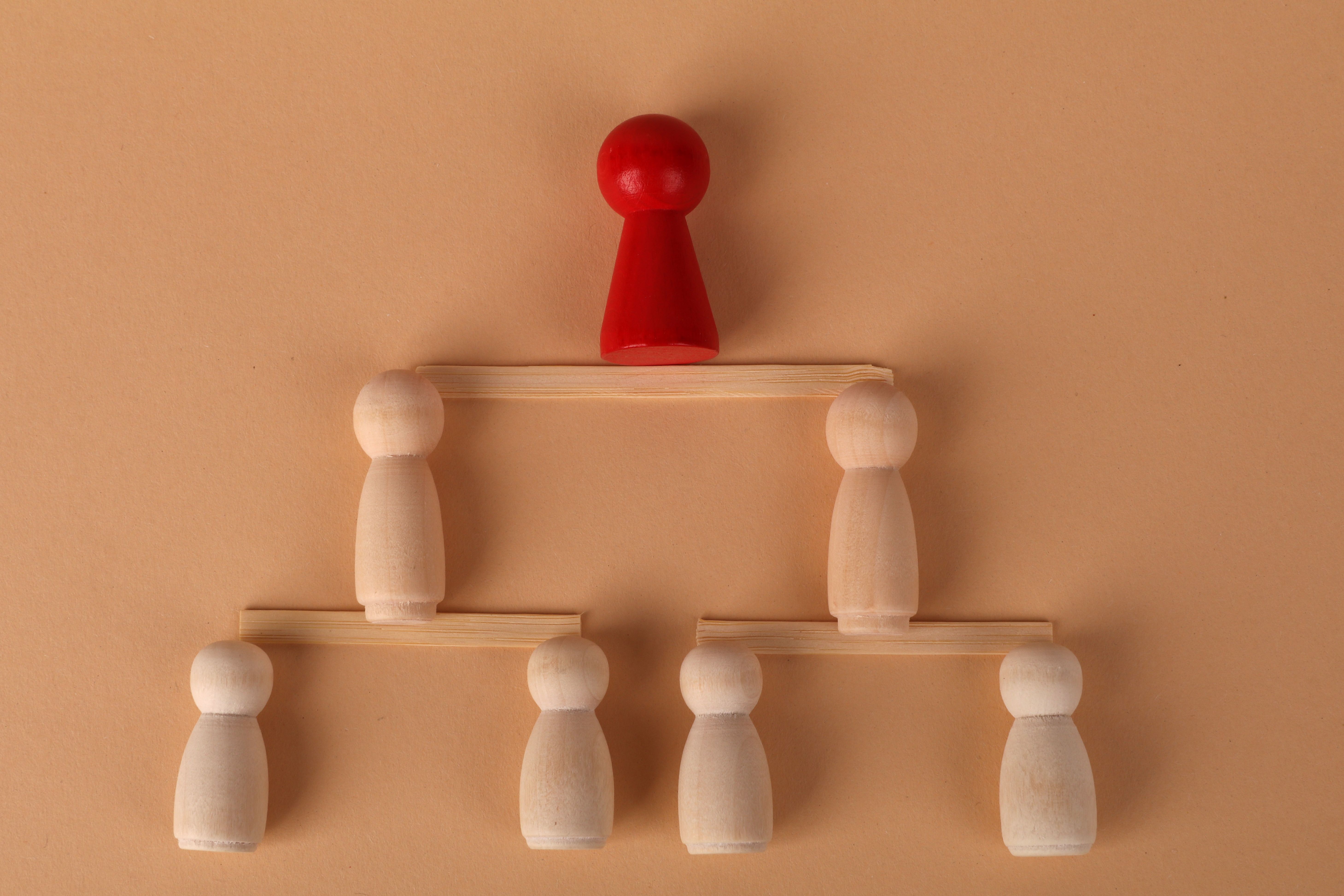 Wooden figures arranged to illustrate a hierarchical structure, symbolizing leadership and teamwork